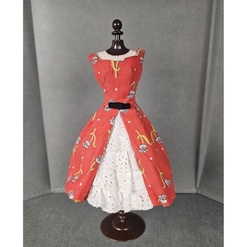 Barbie Garden Tea Party Dress Red Floral Lace 1964 Vintage #1606 Fit Flare Style